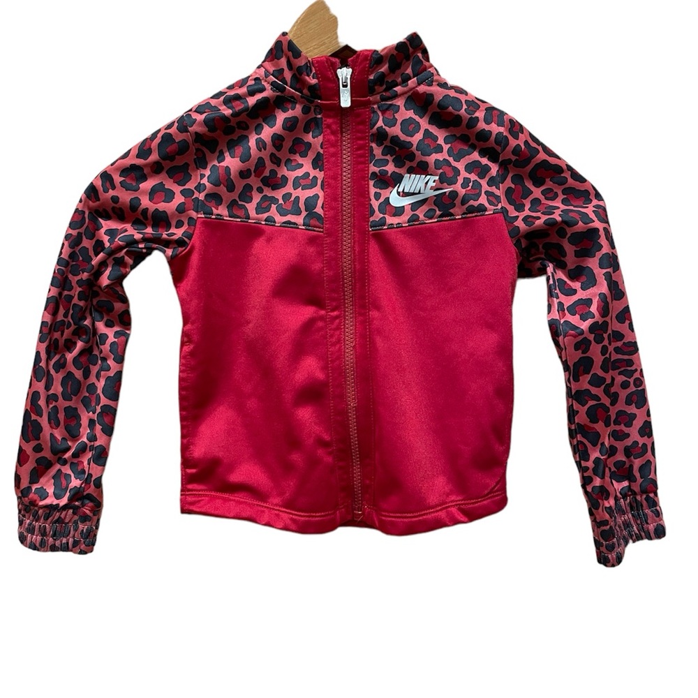 Nike lightweight kids jacket, size 4t, in maroon and black with cheetah print.